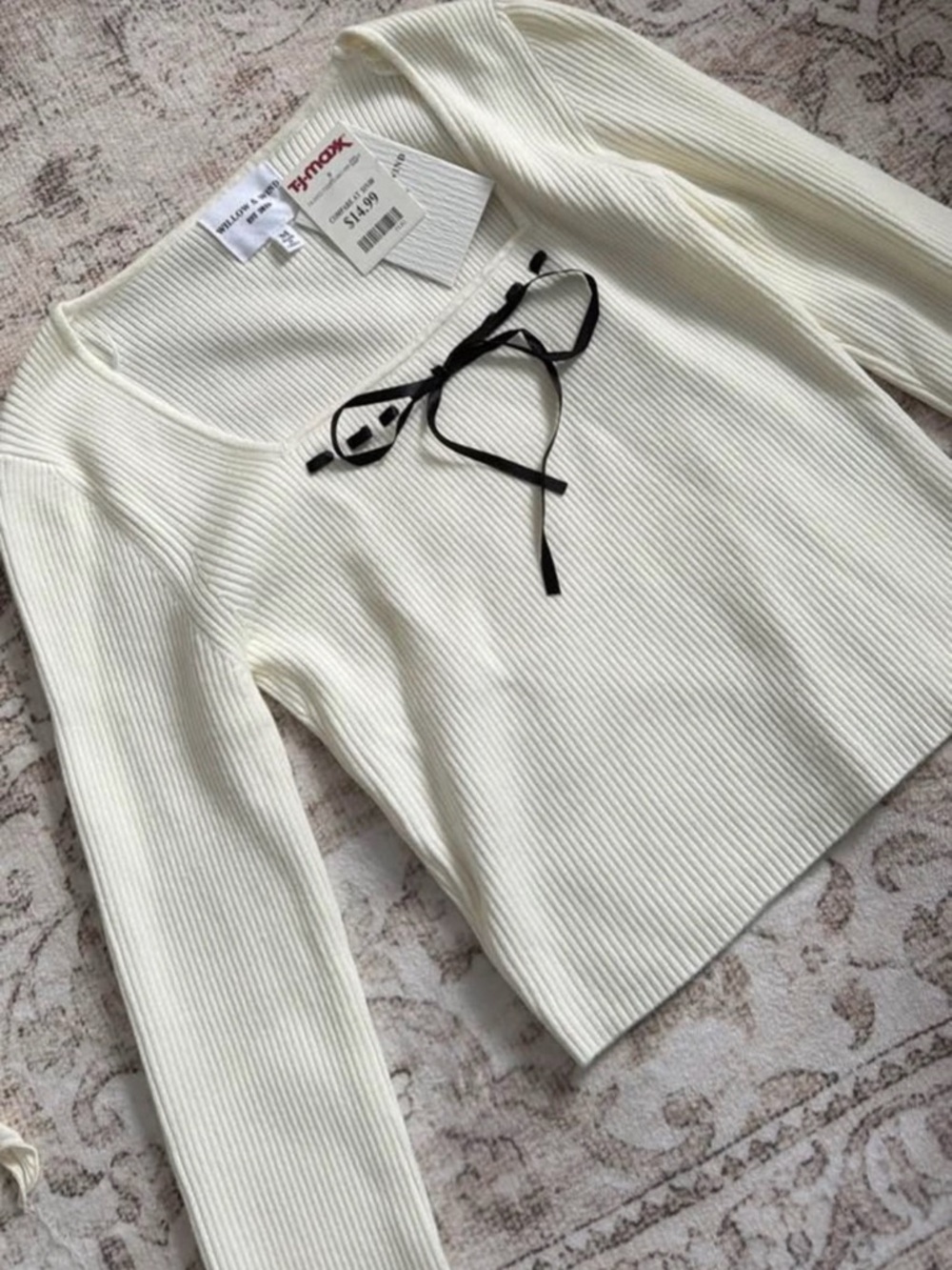 Wildflowers Cream Ribbed Long Sleeve Top with Black Tie